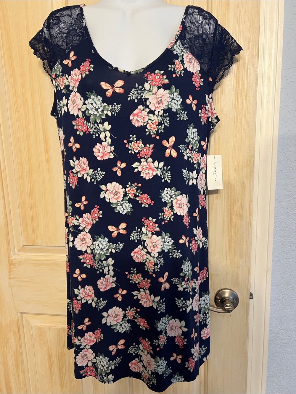Charter Club Navy Floral Lace Cap-Sleeve Nightgown